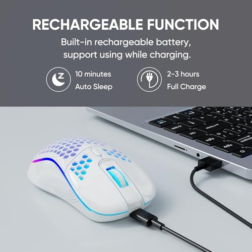 Uniiking® Wireless Gaming Mouse Honeycomb 2.4G USB Cordless Mouse RGB Rechargeable PC Game Mice with 7-Color LED Lights，3 Adjustable DPI for Windows Laptop Desktop Computers -White