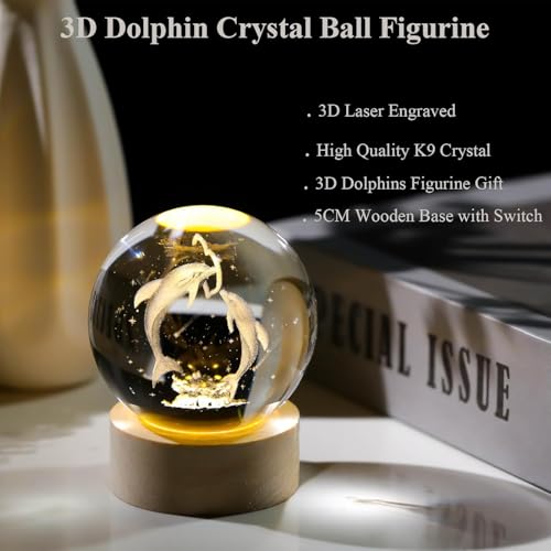 KESI Ornaments Dolphin Crystal Ball with LED Wooden Base, Crystal Dolphin Figurine Paperweight Ornaments, 3D Laser Engraved Decorative Glass Night Light Gifts for Girls or Boys for Baby Nursery Decor 4