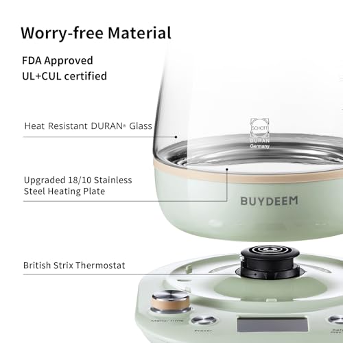 BUYDEEM K2763 Health-Care Beverage Tea Maker and Kettle with Glass Stew Pot & Tea Infuser, 8 Programmable Brew Cooker Master, Time and Reheat Preset, Auto Keep Warm, Cozy Greenish, 1.5 L
