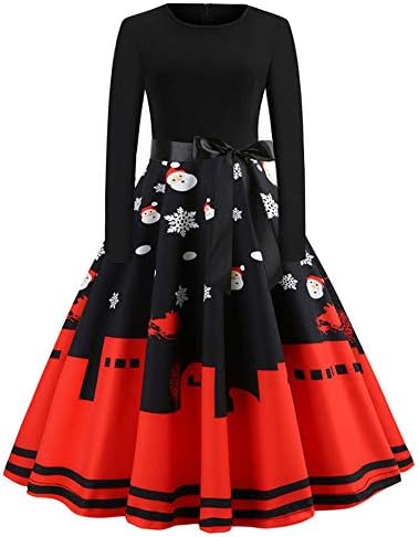 Owill Womens Vintage Santa Christmas Printed Dress Ladies Sleeveless Dress Xmas Dress
