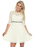 Women's Ladies Classy Party Floral Lace Round Neck 3/4 Sleeve Dress,Beige,US4