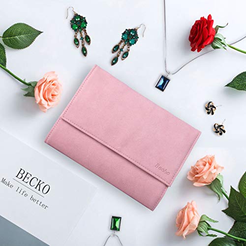 Becko Jewelry Organizer Roll Travel Jewel Bag case for Multiple Necklaces, Rings, Bracelets, Supple Leather & Suede, Large Capacity Without Crease, Lightweight, Portable & Practical (Pink)