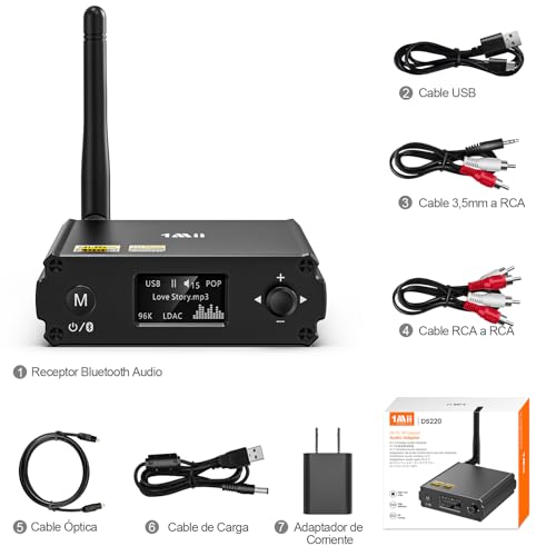 1Mii DS220 Receptor Bluetooth 5.3 con LDAC, Adaptador de Audio Hi-Res, DAC Audiófilo, aptX HD/Baja Latencia, 10m Largo Alcance, con Salida Óptica/RCA, Entrada USB, Modo EQ Pantalla OLED para Estéreo