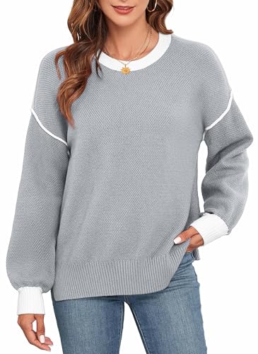 Neineiwu Pull en tricot à manches longues avec col en V pour femme, gris clair, L