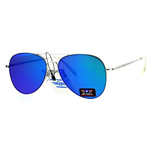 Air Force Aviator Sunglasses Unisex Spring Hinge Metal Frame Silver, Teal Mirror