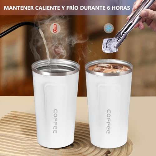 MXHIGO 2Pcs Termo Taza para Cafe de 510ml/18oz de Acero Inoxidable 304 con Tapa, Vaso Térmico de Café Frío y Caliente, Hermética Cero Derrames, Botella de Agua para Hogar, Oficina, Coche y Deportiva
