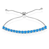 Sterling Silver 3mm Simulated Blue Opal Round-cut Chain Adjustable Pull-String Bolo Slider Tennis Bracelet for Women Teens Girls