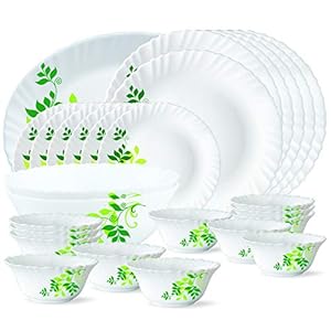 Larah by Borosil Fern Opalware Dinner Set, 27-Pieces, White
