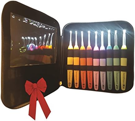 AuroraDesignCo Crochet Light Up Hooks Full Set of 9 pcs &amp; Case – Comfortable Soft Grips with 9 Precision Lighted Crochet Hooks / Sizes 2.5mm to 6.5mm / Perfect for Dark Yarn or Low Light (BLACK)