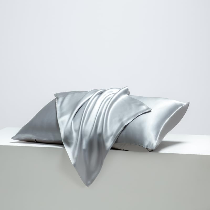 100% Mulberry Silk Pillowcase for Hair and Skin with Hidden Zipper Cotton Underside Standard Size 1pc - 19Momme (Silver, Standard(51X75CM))