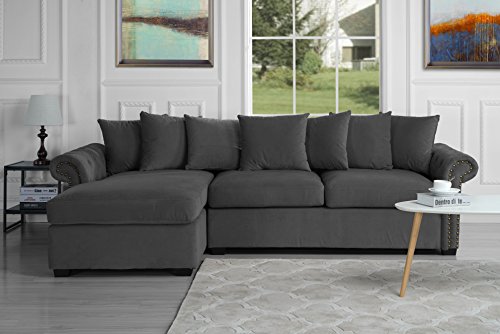 Modern Large Tufted Velvet Sectional Sofa, Scroll Arm L-Shape Couch (Dark Grey) - Thumbnail 5