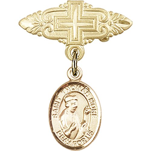 14kt Yellow Gold Baby Badge with St. Thomas More Charm and Badge Pin with Cross 1 X 3/4 inches