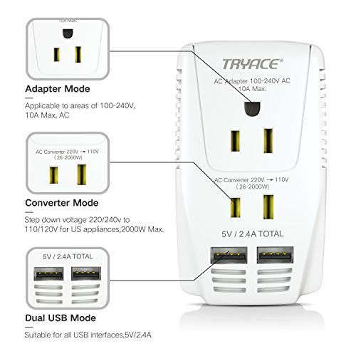 TryAce Upgraded 2000W Voltage Converter with 2 USB Ports,Set Down 220V to 110V Power Converter for Hair Dryer/Straightener/Curling Iron, Travel Transformer for UK/AU/US/EU Plug Travel Adapter