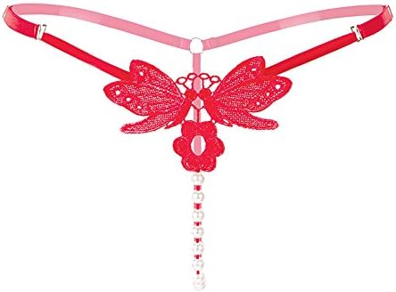 Hengwo Women Adjustable Butterfly Embroidery Low Waist Pearls Lingeries Thongs G Strings T Back Penties (One Size, Red)