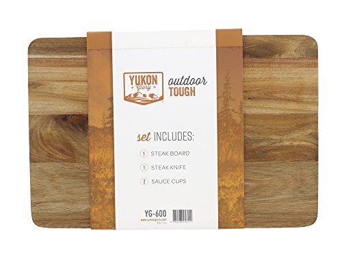 Yukon Glory Gourmet Steak Board Premium Acacia Wood Plate for Serving Gift Set Includes Carving Sauce Cups & Knife