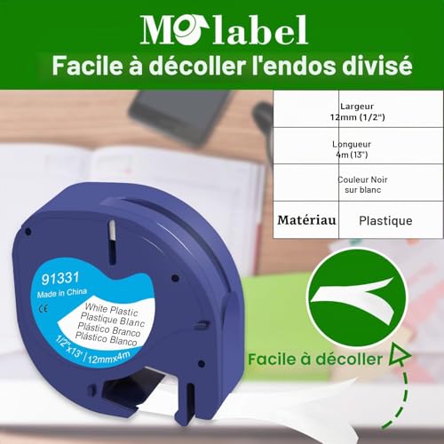 Molabel 5 Pack Compatible with Dymo LetraTag 91221 S0721610 91201 - Plastic Black on White 12mm x 4m - For LT-100H LT-110T Label Printers