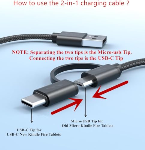 UL Listed Fast Charger for Old and New Kindle Fire Tablets (Designed for use with All Fire Tablets and All Kindle E-Readers)-6.6Ft USB to Micro-USB and USB-C 2IN1 Braided Cable