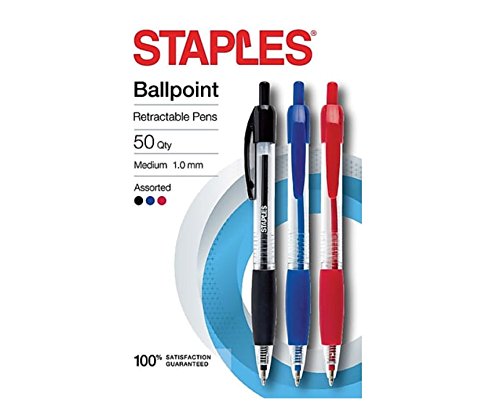 Staples Retractable Ballpoint Pens, 1.0 mm Tip, Pack of 50 Assorted Colors - 20 Black, 20 Blue & 10 Red