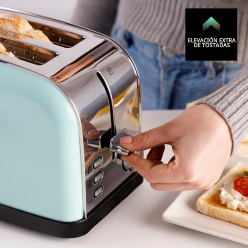– Tostador Vintage II Mint, 950W, 2 Ranuras 135x35mm, 7 Niveles Tostado, 3 Funciones, Autoapagado, Cuerpo Acero INOX, Autocentrado, Bandeja Recogemigas, Elevación Extra, Recogecables, Verde