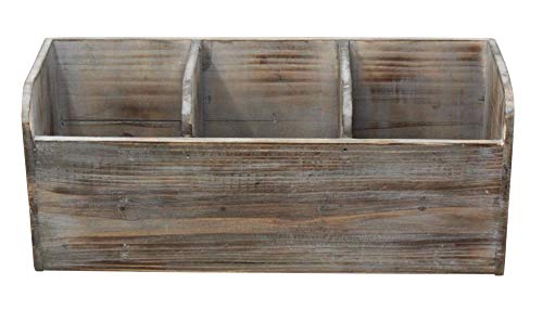 Vintage Rustic Barnwood Torched Wood Kitchen Utensil Holder - 3 Compartment Organizer Caddy Box For Cooking, Silverware, Flatware, Sauce Spoon, Tongs, and More