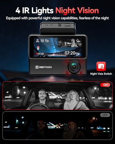 REDTIGER 530° 3-Channel Car Dashcam, 2.5K+2.5K+1080P Car Camera with 128GB Card, IR Night Vision, Touch Screen, Front Dashcam, Includes WiFi GPS, 24H Parking Mode