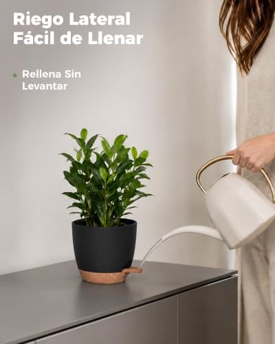 Macetas Autorriego de Interior, Tiesto de Plástico con Base Integrada, Pack de 6 (20/18/17/15/14/13 cm), para Cocina, Balcón, Jardín y Vivero Interior macetas Negro