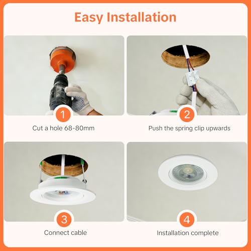 Aulaiyi LED Downlight Recessed Ceiling Dimmable 230V, 5W 500LM LED Spotlights Interior Rotable Ceiling Warm White Neutral White Cool White, IP44 Extra Flat Portholes, Cut 68-80mm, White 10 Pack