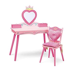 Wildkin Kids Princess Wooden Vanity and Chair Set for Girls, Vanity Features Mirror and Attached Jewelry Box and Music…
