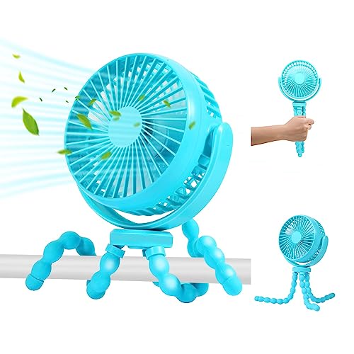Drosica Stroller Fan, 5200mAh Battery Operated Baby Stroller Fan, 30 Hours Run Time, 3 Speed Adjustment, 360 Degree Rotation with Flexible Tripod for Car Seat Crib Bike Stepper (Blue)