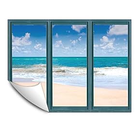 Wall Murals for Bedroom Fake Window Beach Blue Window Removable Wallpaper Peel and Stick Wall Stickers - 24x32 inches