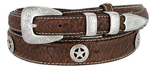 Western Silver Engraved Rodeo Star Ranger Genuine Leather Bison Belt for Men (Brown, 34)