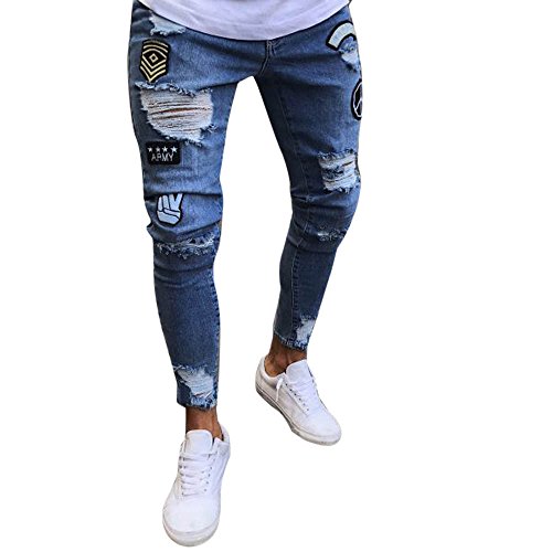 Slim Biker Zipper Denim Jeans Men Skinny Frayed Pants Distressed Rip Trousers Light Blue