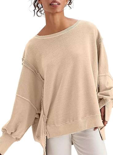 JOKELUCK WOMENS WARM FALL OVERSIZED SWEATSHIRTS LIGHTWEIGHT CREW NECK LONG SLEEVE SOFT CUTE FASHION WEAR KHAKI SMALL