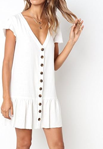 Abninigee Womens V Neck Button Down Tunic Short Sleeve Ruffle Hem Loose Tops