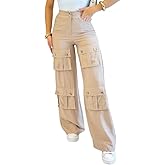 CHICME Women's High Waist Cargo Pants Zipper Fly Flap Pockets Design Elastic Back Waist Wide Leg Baggy Pants