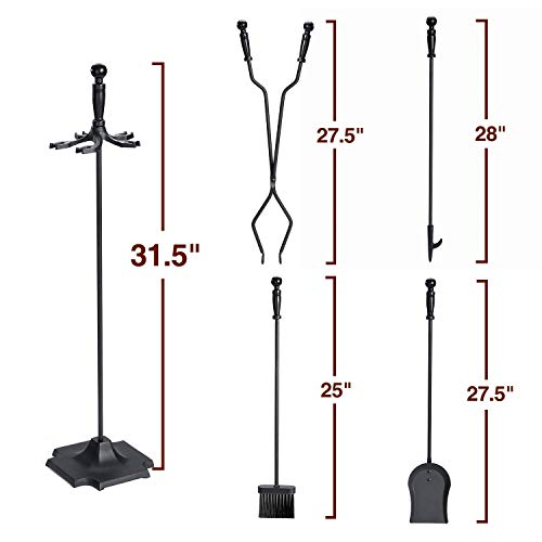 Syntrific 5 Pieces Fireplace Tool Set Black Cast Iron Fire Place Tool Set with Log Holder Fire Pit Stand Rustic Tongs Shovel Antique Broom Chimney Poker Wood Stove Hearth Accessories Set (Renewed)