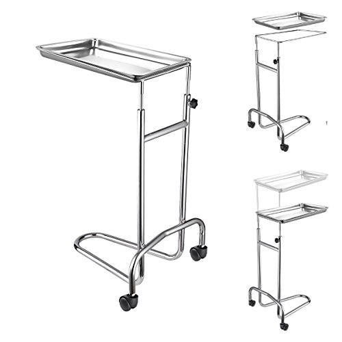 Rolling Mayo Instrument Stand Twin-Wheel w/ Removable Stainless Steel Tray Stainless Steel Adjustable Height Silver Tray Doctor Medical Tools Salon Tattoo Equipment