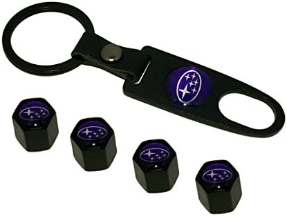 AEMULUS Combo Set Black Tire Stem Valve Caps and Black Keychain Tire Decoration For Car Auto Subaru