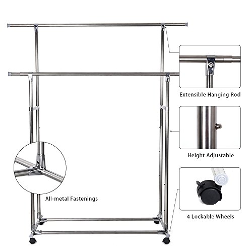 ATBAY Clothes Rack Double Rod Extendable All-Metal Heavy Duty Garment Rack with brake wheel - Thumbnail 2