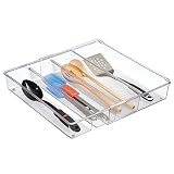 mDesign Adjustable, Expandable 4 Compartment Kitchen Cabinet Drawer Organizer - Divided Sections for Cutlery, Serving Spoons, Cooking Utensils, Gadgets - BPA Free, Food Safe - Clear