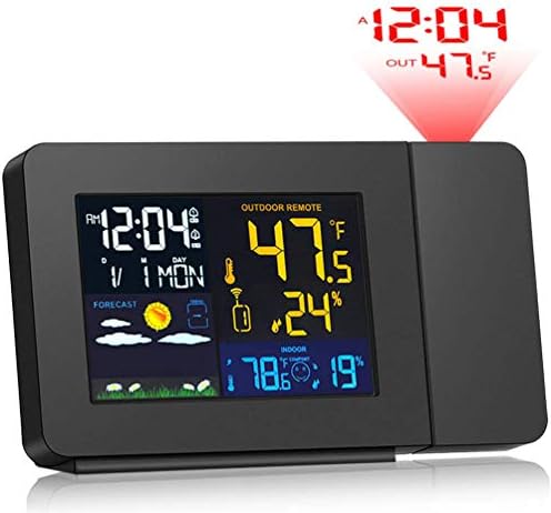 QKa Weather Station, Projection Alarm Clock Color Multifunctional Time Date Weekday Temperature Humidity LCD Dispaly with Outdoor Sensor (Black)