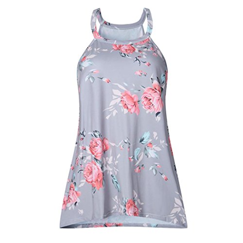 Summer Print Shirt Blouse Crew Neck Sleeveless Flowy Tank Tops (L, Gray)