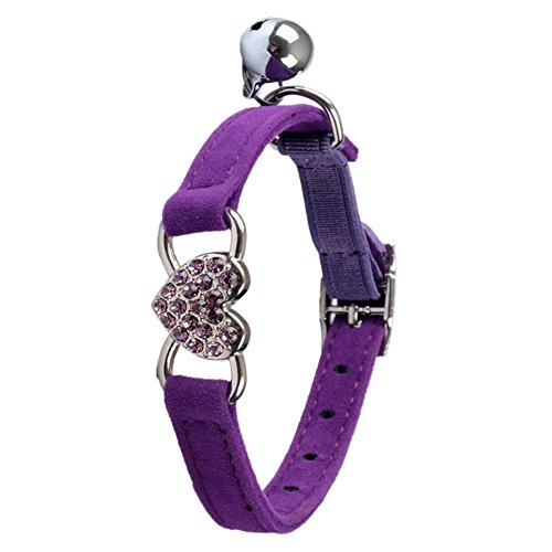 SODIAL(R) Heart charm and bell cat collar safety elastic adjustable with soft velvet material collar pet product small S purple