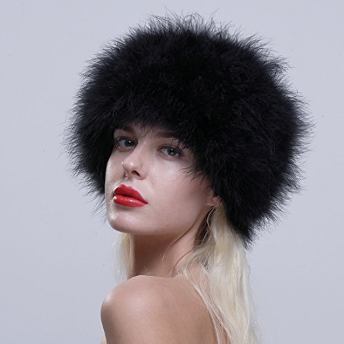 URSFUR Women Winter Cap Genuine Ostrich Feather Pill Box Hat Black