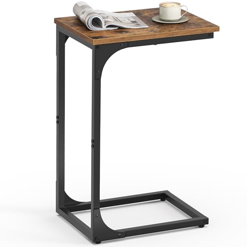 Beistelltisch, Sofatisch, C Form, Couchtisch, mit Metallgestell, industriell, für Wohnzimmer, Schlafzimmer, vintagebraun-schwarz LET350B01