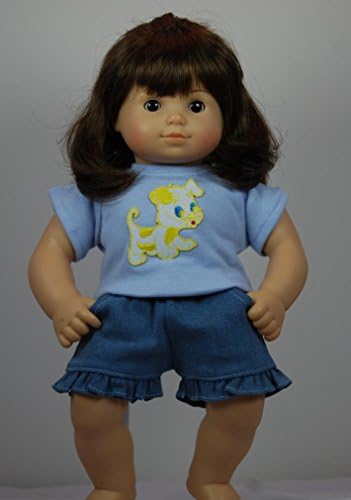Cute Dog Top with Jean Shorts Set fits 15 inch American Girl Bitty Twin dolls.