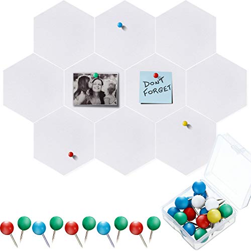 Outus 10 Packs Hexagon Felt Bulletin Board Tiles with 20 Pieces Push Pins, White, 5.9 x 7 Inches/ 15 x 17.7 cm