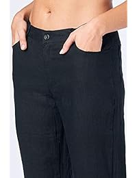 Pantalones de lino para dama con cierre de botón y bolsillos redondeados