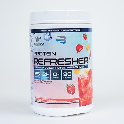 Believe Supplements Protein Refresher (25 servings) - Revolutionary Juice-Type Whey Protein Powder Alternative for Fitness, Bodybuilding, Gym, or for bigger protein intake - Enjoy with Ice or Chilled Water for Superior Taste (25 servings, Strawberry Lemonade)