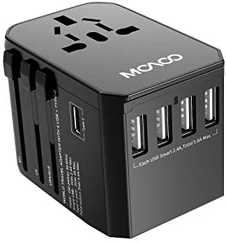 Universal Travel Power Adapter International All in One Worldwide Europe Adaptor - MOAOO AC Power Plug European Adapter wal charger with 4 USB Ports 1 Type-C Port for USA UK EU AUS Asia, Black